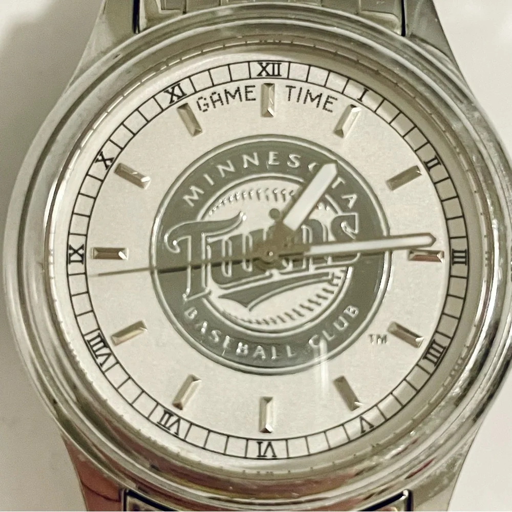 Men’s Game Time Minnesota Twins Baseball Silver Multi-Link Watch